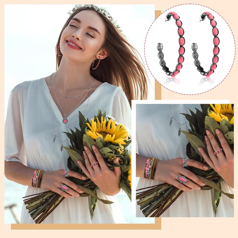 Ecally Store Bohemian Western Jewelry Turquoise Set Women Country Pendant Long Choker Layered Bracelets Earrings Ring for Women - Image 3